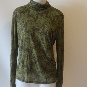 Womens Lynn Ritchie Green Brown Floral Silk Turtleneck Top XL *